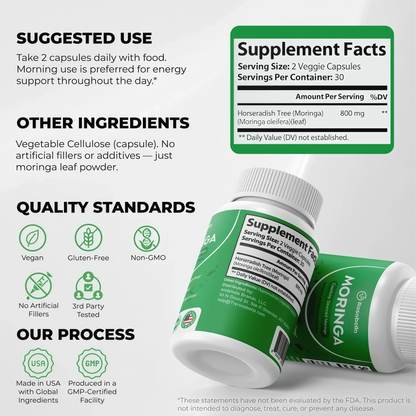 Rosabella Moringa Capsules - Pure Moringa Powder, Energy, Skin, Immune & Gut Health Superfood, Rich in Antioxidants, Essential Vitamins & Amino Acids, Natural Green Superfood Supplement - 60 Count
